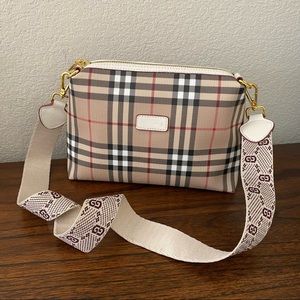 Plaid White Leather Trim Zipper Top Closure Bag w/ Crossbody Strap B2